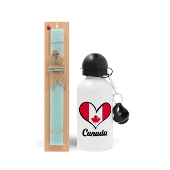 Canada flag, Easter Set, metallic aluminum water bottle (500ml) & scented flat candle (30cm) (TURQUOISE)