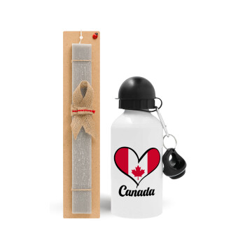 Canada flag, Easter Set, metallic aluminum water bottle (500ml) & aromatic flat Easter candle (30cm) (GRAY)
