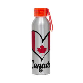 Canada flag, Aluminum Sports Bottle 650ml – Silver with Red Cap and Silicone Strap