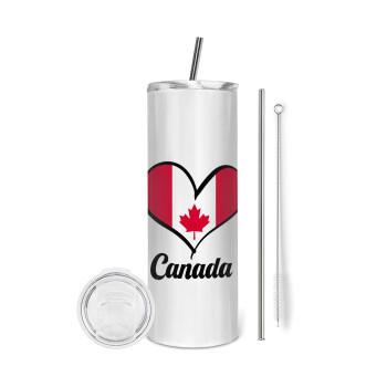 Canada flag, Eco friendly ποτήρι θερμό (tumbler) από ανοξείδωτο ατσάλι 600ml, με μεταλλικό καλαμάκι & βούρτσα καθαρισμού