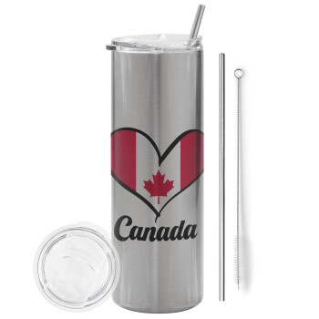 Canada flag, Eco friendly ποτήρι θερμό Ασημένιο (tumbler) από ανοξείδωτο ατσάλι 600ml, με μεταλλικό καλαμάκι & βούρτσα καθαρισμού