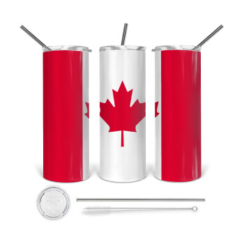 Canada flag, 360 Eco friendly ποτήρι θερμό (tumbler) από ανοξείδωτο ατσάλι 600ml, με μεταλλικό καλαμάκι & βούρτσα καθαρισμού