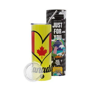 Canada flag, Neon Yellow Travel Tumbler θερμό, μεταλλικό καλαμάκι(Ανωξείδωτο 304 Food grade, BPA free, 600ml)