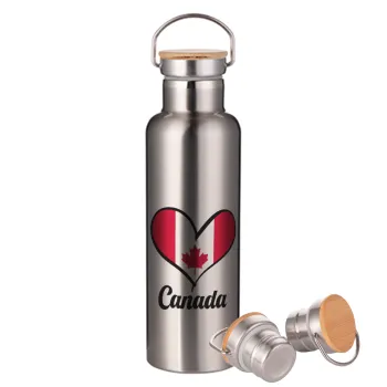 Canada flag, Stainless steel Silver with wooden lid (bamboo), double wall, 750ml
