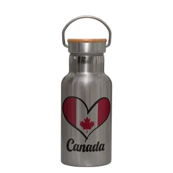 Canada flag, Stainless steel metallic thermos flask, silver with a bamboo lid, double-walled, 350ml.