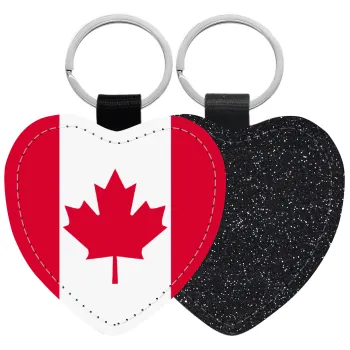 Canada flag, Μπρελόκ PU δερμάτινο glitter καρδιά ΜΑΥΡΟ