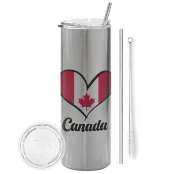 Canada flag, Tumbler ποτήρι θερμό Ασημένιο από ανοξείδωτο ατσάλι 600ml, με μεταλλικό καλαμάκι & βούρτσα καθαρισμού