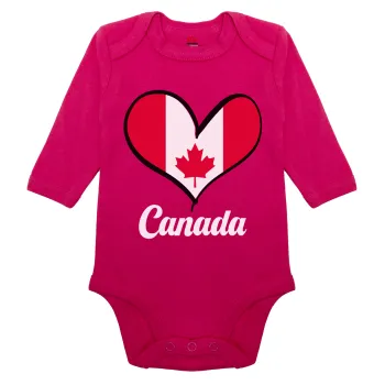 Canada flag, Μακρυμάνικο βρεφικό φορμάκι, 0-18 μηνών, ΡΟΖ, 100% Organic Cotton