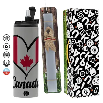 Canada flag, Πασχαλινή Λαμπάδα με Travel Tumbler θερμό (600ml, BPA free) & κερί αρωματικό πλακέ (30cm) (ΓΚΡΙ)