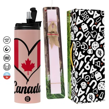 Canada flag, Πασχαλινή Λαμπάδα με  ΡΟΖ Travel Tumbler θερμό (600ml, BPA free) & κερί αρωματικό πλακέ (30cm) (ΡΟΖ)