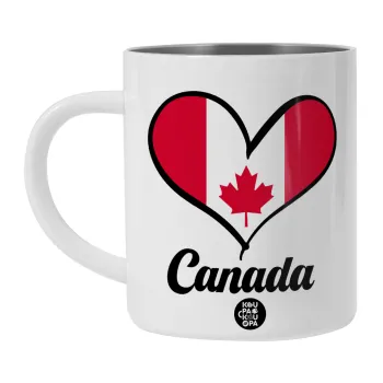 Canada flag, Λευκή Ανοξείδωτη Μεταλλική Κούπα 450ml - Διπλού Τοιχώματος 