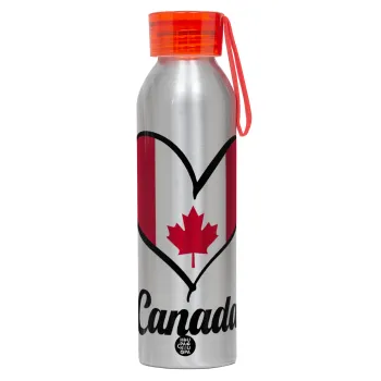 Canada flag, Αλουμινένιο Αθλητικό Μπουκάλι 650ml – Ασημί με Κόκκινο Καπάκι και Λουράκι Σιλικόνης