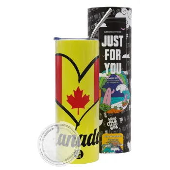 Canada flag, Neon Yellow Travel Tumbler θερμό, μεταλλικό καλαμάκι(Ανωξείδωτο 304 Food grade, BPA free, 600ml)