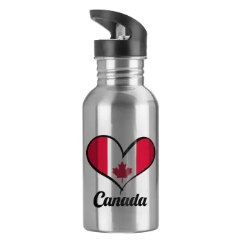 Canada flag, Water bottle Silver with straw, stainless steel 600ml
