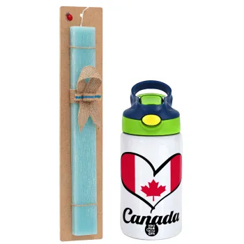 Canada flag, Easter Set, Children's thermal stainless steel bottle with safety straw, green/blue (350ml) & aromatic flat Easter candle (30cm) (TURQUOISE)