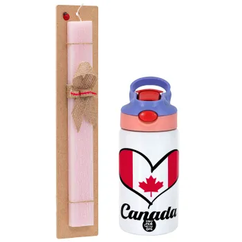 Canada flag, Easter Set, Children's thermal stainless steel water bottle with safety straw, pink/purple (350ml) & Easter scented flat candle (30cm) (PINK)