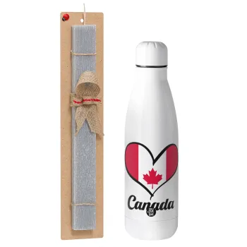 Canada flag, Πασχαλινή Λαμπάδα με μεταλλικό παγούρι θερμός ανοξείδωτο (500ml) & κερί αρωματικό πλακέ (30cm) (ΓΚΡΙ)