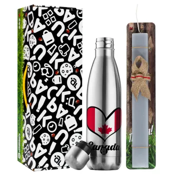 Canada flag, Easter Set, metallic stainless thermos flask (500ml) & scented flat Easter candle (30cm) (GRAY)