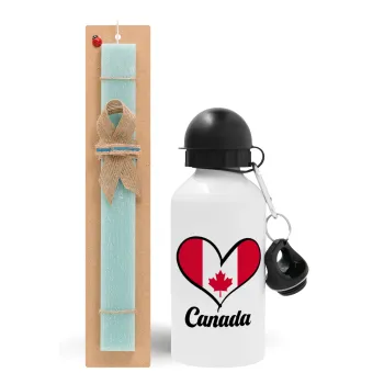 Canada flag, Easter Set, metallic aluminum water bottle (500ml) & scented flat candle (30cm) (TURQUOISE)