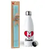 Easter Set, metallic stainless steel water bottle (750ml) & aromatic flat Easter candle (30cm) (TURQUOISE)