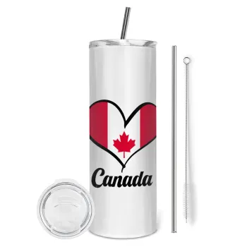 Canada flag, Tumbler ποτήρι θερμό από ανοξείδωτο ατσάλι 600ml, με μεταλλικό καλαμάκι & βούρτσα καθαρισμού