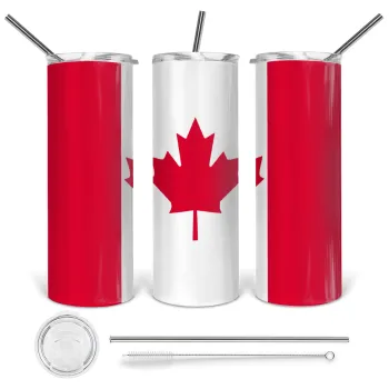 Canada flag, Tumbler ποτήρι θερμό από ανοξείδωτο ατσάλι 600ml, με μεταλλικό καλαμάκι & βούρτσα καθαρισμού