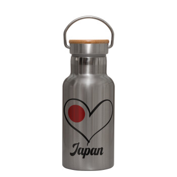 Japan flag, Stainless steel metallic thermos flask, silver with a bamboo lid, double-walled, 350ml.