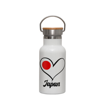 Japan flag, Metallic thermos (Stainless steel) White with wooden lid (bamboo), double-walled, 350ml