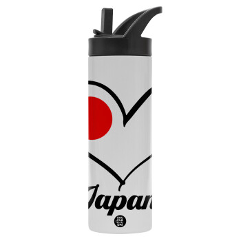 Japan flag, Metallic thermos bottle with straw & handle, stainless steel (Stainless steel 304), double-walled, 600ml.