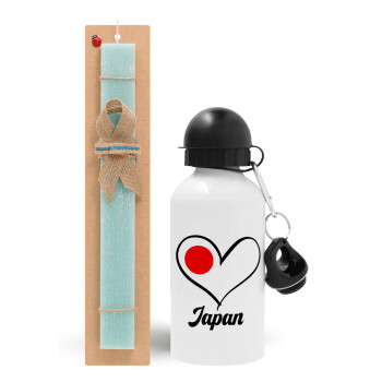 Japan flag, Easter Set, metallic aluminum water bottle (500ml) & scented flat candle (30cm) (TURQUOISE)