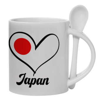 Japan flag, Ceramic coffee mug with Spoon, 330ml (1pcs)