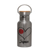 Stainless steel metallic thermos flask, silver with a bamboo lid, double-walled, 350ml.