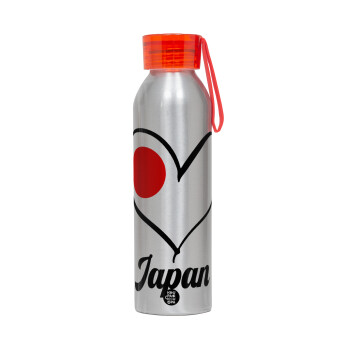 Japan flag, Αλουμινένιο Αθλητικό Μπουκάλι 650ml – Ασημί με Κόκκινο Καπάκι και Λουράκι Σιλικόνης
