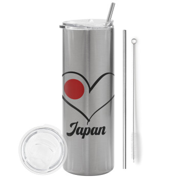 Japan flag, Eco friendly ποτήρι θερμό Ασημένιο (tumbler) από ανοξείδωτο ατσάλι 600ml, με μεταλλικό καλαμάκι & βούρτσα καθαρισμού
