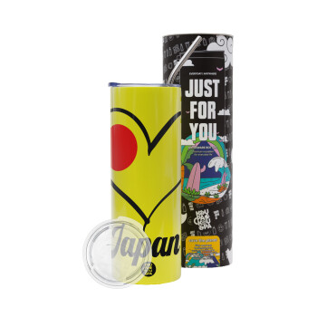 Japan flag, Neon Yellow Travel Tumbler, with metal straw (Stainless steel 304 Food grade, BPA free, 600ml)