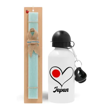 Japan flag, Easter Set, metallic aluminum water bottle (500ml) & scented flat candle (30cm) (TURQUOISE)