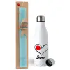 Easter Set, metallic stainless steel water bottle (750ml) & aromatic flat Easter candle (30cm) (TURQUOISE)