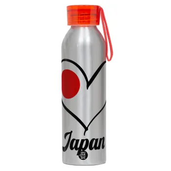 Japan flag, Αλουμινένιο Αθλητικό Μπουκάλι 650ml – Ασημί με Κόκκινο Καπάκι και Λουράκι Σιλικόνης