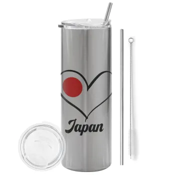 Japan flag, Tumbler ποτήρι θερμό Ασημένιο από ανοξείδωτο ατσάλι 600ml, με μεταλλικό καλαμάκι & βούρτσα καθαρισμού