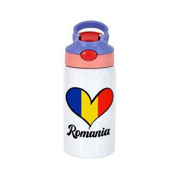 Romania flag, Children's hot water bottle, stainless steel, with safety straw, pink/purple (350ml)