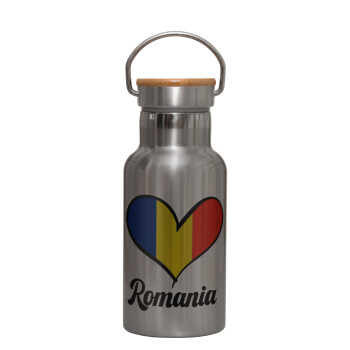 Romania flag, Μεταλλικό παγούρι θερμός (Stainless steel) Ασημένιο με ξύλινο καπακι (bamboo), διπλού τοιχώματος, 350ml