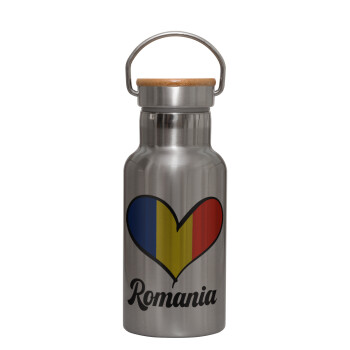 Romania flag, Stainless steel metallic thermos flask, silver with a bamboo lid, double-walled, 350ml.