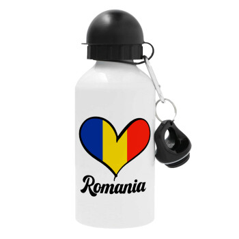 Romania flag, Metal water bottle, White, aluminum 500ml