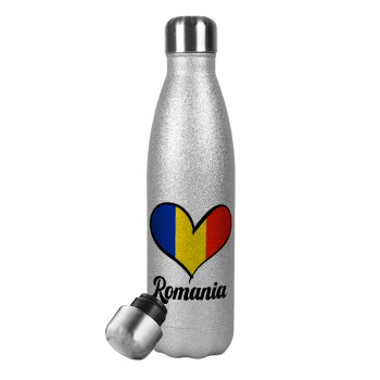Romania flag, Μεταλλικό παγούρι θερμός Glitter Aσημένιο (Stainless steel), διπλού τοιχώματος, 500ml