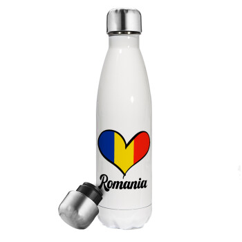 Romania flag, Μεταλλικό παγούρι θερμός Λευκό (Stainless steel), διπλού τοιχώματος, 500ml