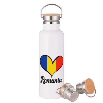 Romania flag, Stainless steel White with wooden lid (bamboo), double wall, 750ml
