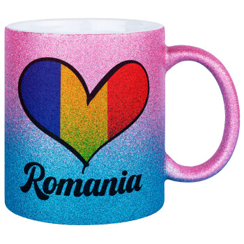 Romania flag, Κούπα Χρυσή/Μπλε Glitter, κεραμική, 330ml