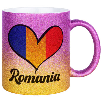 Romania flag, Κούπα Χρυσή/Ροζ Glitter, κεραμική, 330ml