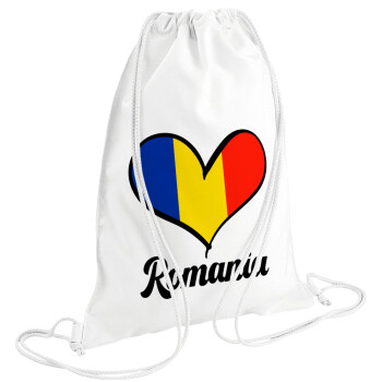 Romania flag, Τσάντα πλάτης πουγκί GYMBAG λευκή (28x40cm)