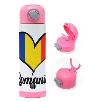 Romania flag, Children's hot water bottle, stainless steel, with safety straw, PINK (500ml)